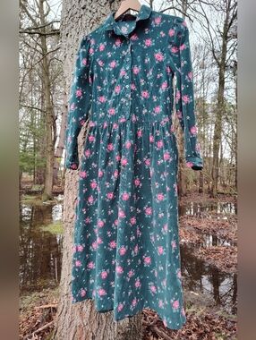 Eddie Bauer Dark Green Floral Long Sleeve Corduroy Dress XS-P Collar Buttons